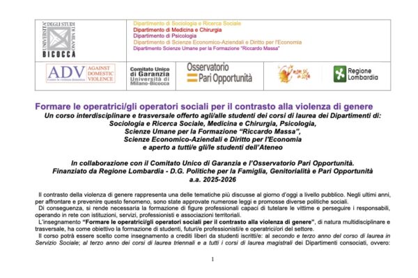 Formare le operatrici/gli operatori sociali per il contrasto alla violenza di genere: aperte le iscrizioni a.a 2025-2026 Formare le operatrici/gli operatori sociali per il contrasto alla violenza di genere: aperte le iscrizioni a.a 2025-2026